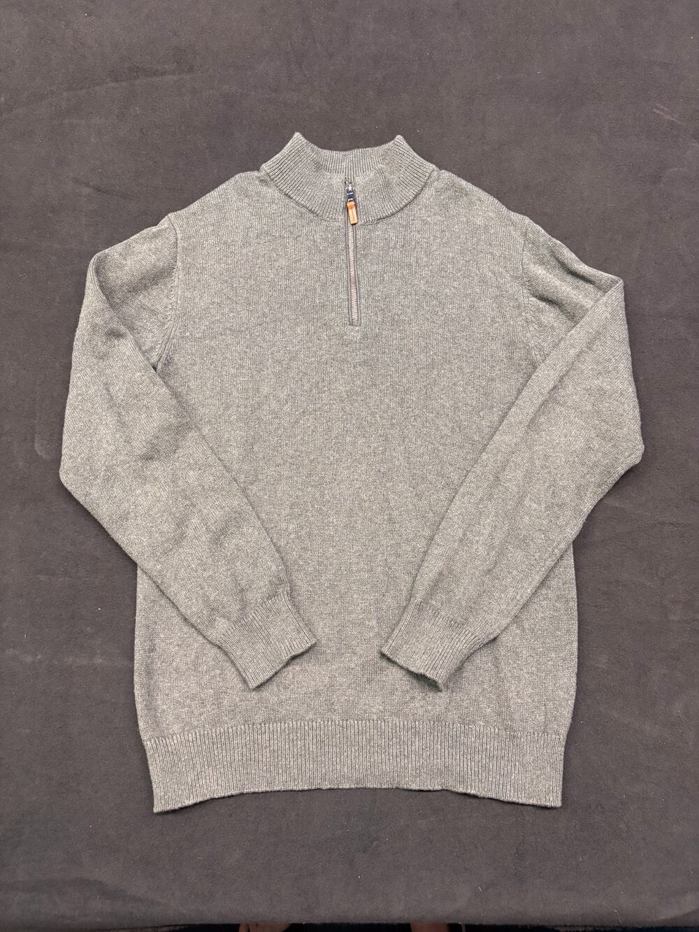 Quarter Zip Sweater Mens Size M Gray Heather Mock Neck Cotton Blend Ribbed Knit